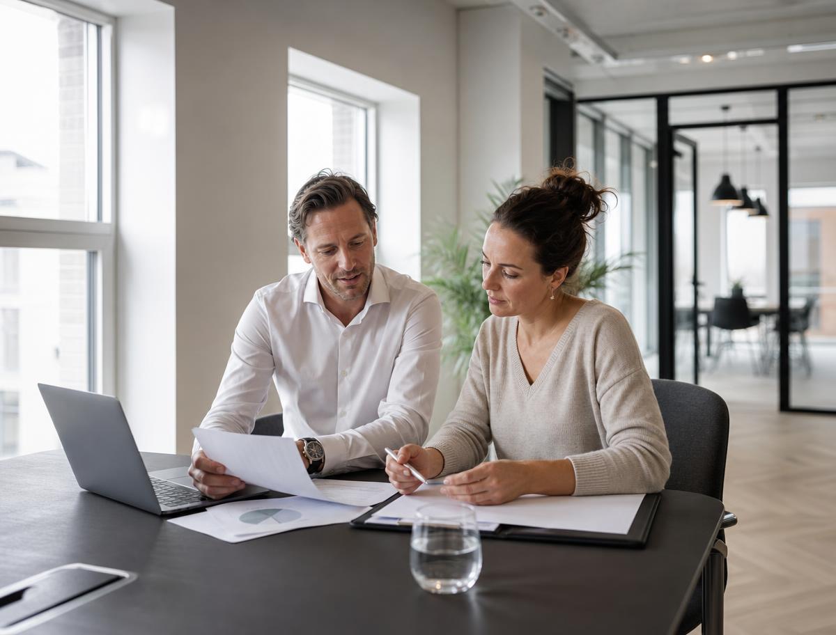 Ondernemer en adviseur bespreken een vrachtplanning bij een magazijn