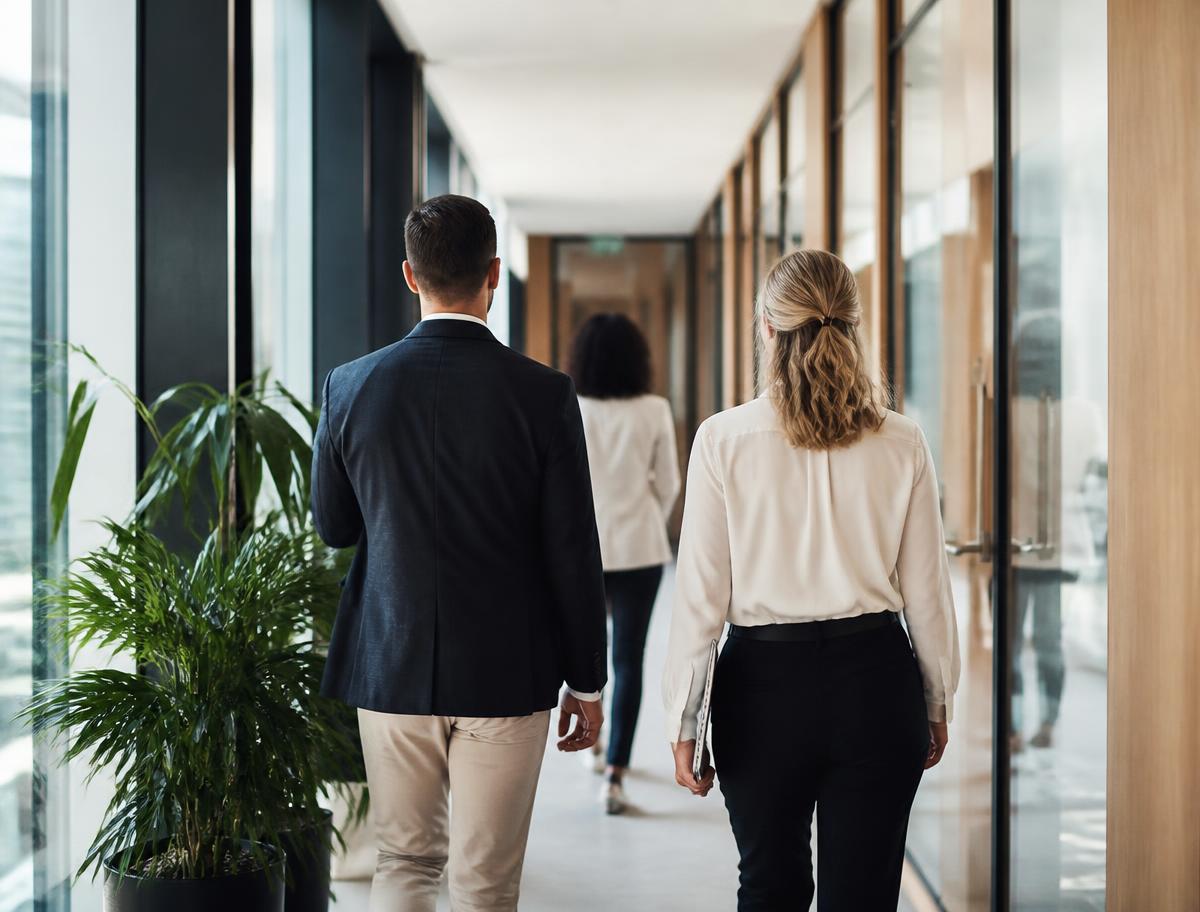 Team van professionals loopt door een modern kantoor