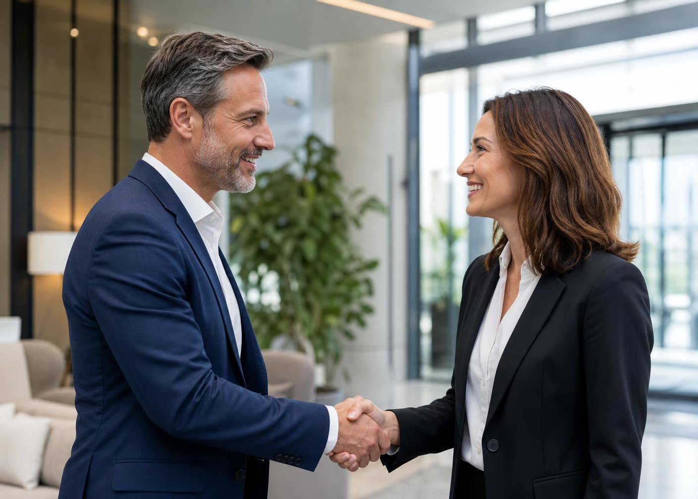 Drie professionals in gesprek in een kantoorgang