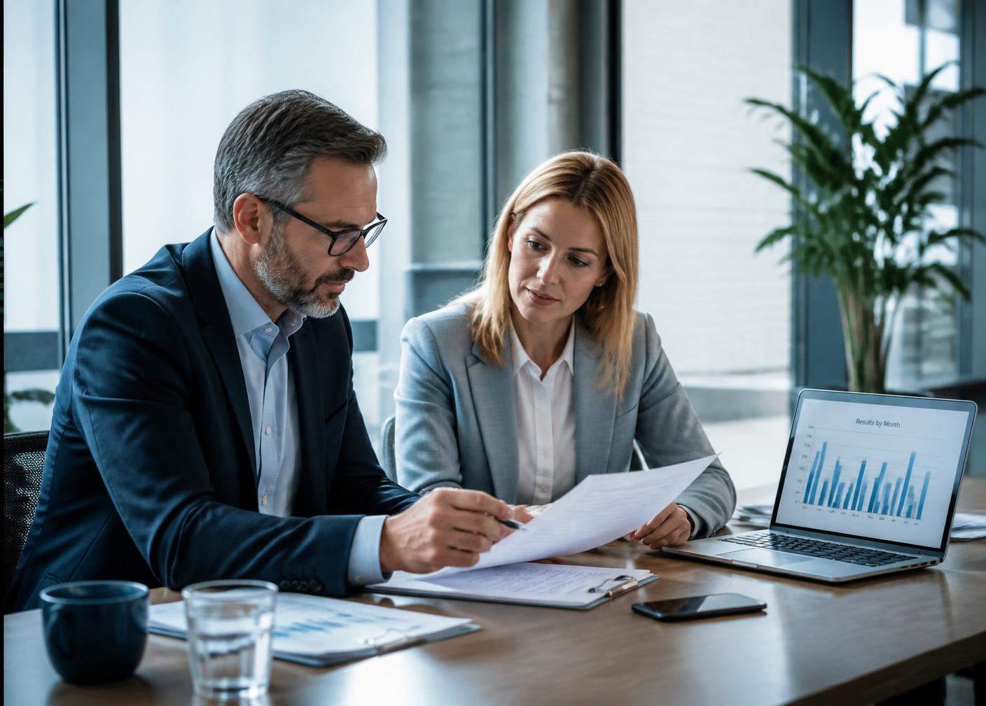 Professionals bespreken cijfers en rapportages aan een bureau