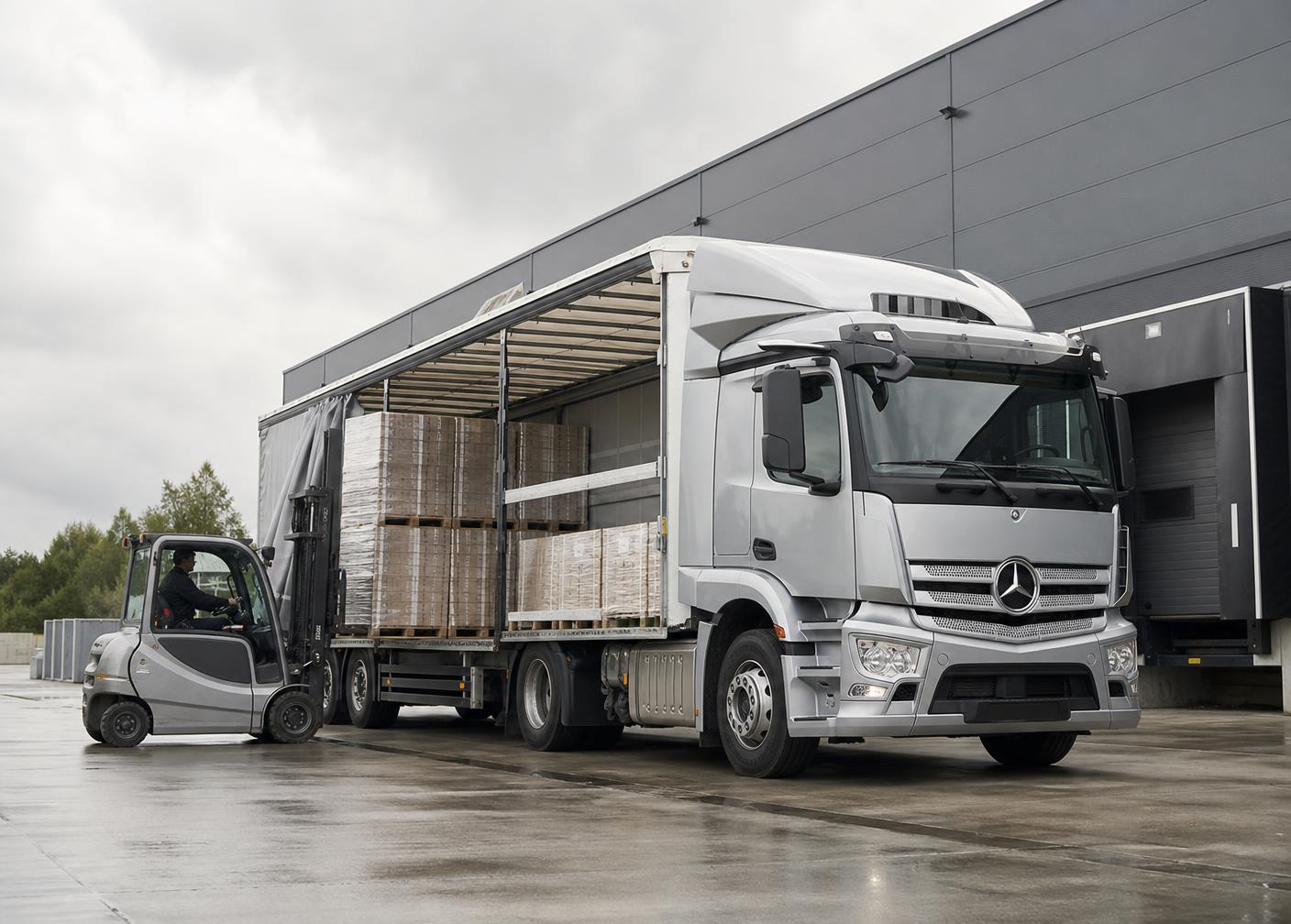 Vrachtwagen wordt geladen met pallets bij een distributiecentrum